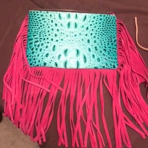 Leopard and Turquoise with pink fringe clutch